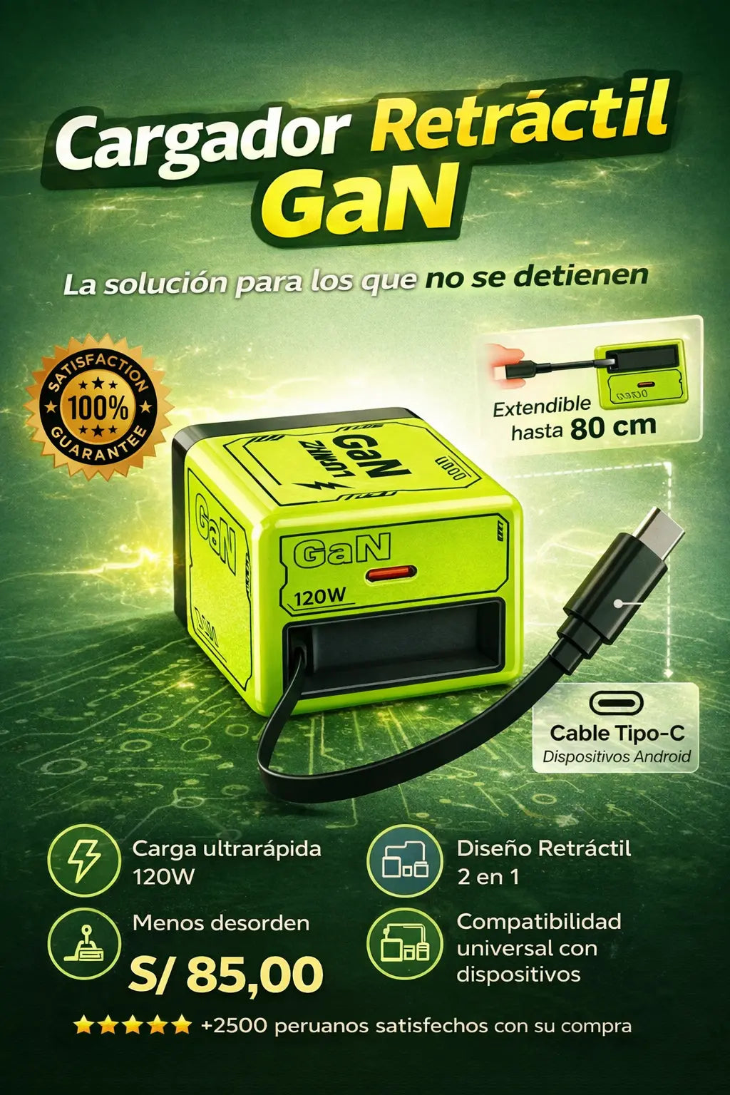 Cargador Retráctil GaN 120 W